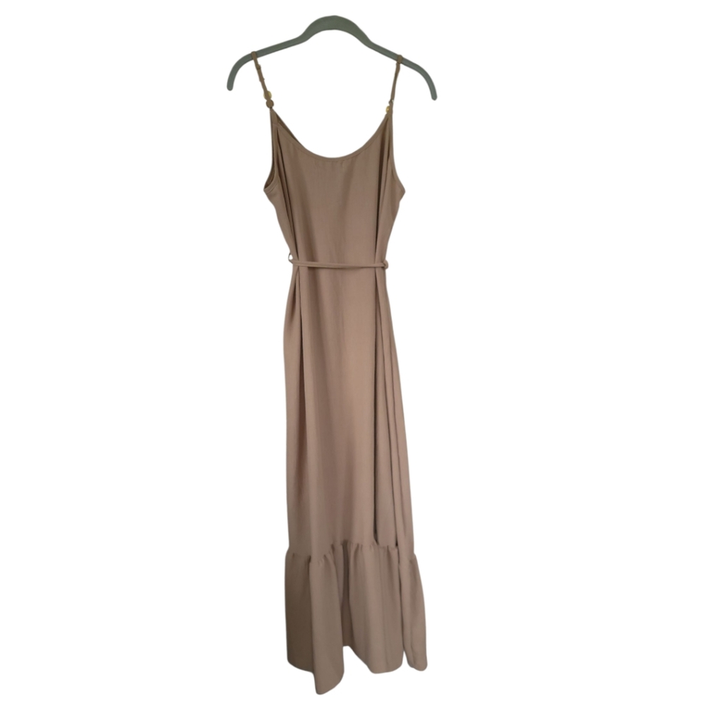 AZ Cottage Boho Flowy Maxi Dress Beaded Straps Tiered Ruffle Taupe S/M - Picture 4 of 15